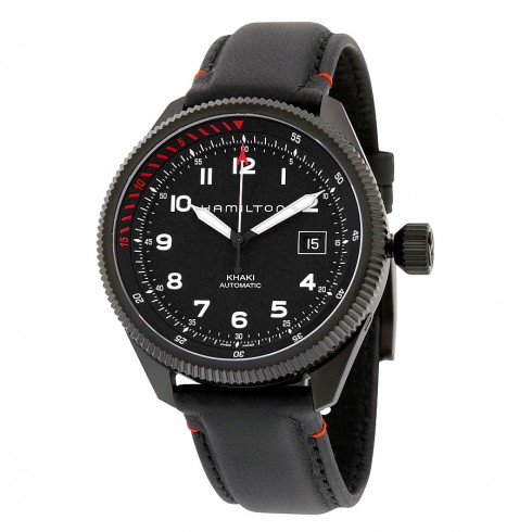 Hamilton Khaki Takeoff Air Zermatt Automatic Black Dial Black Leather Men's Watch H76695733 watches