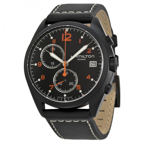 Hamilton Pilot Pioneer Chronograph Black Dial Black Leather Men's Watch H76582733 watches