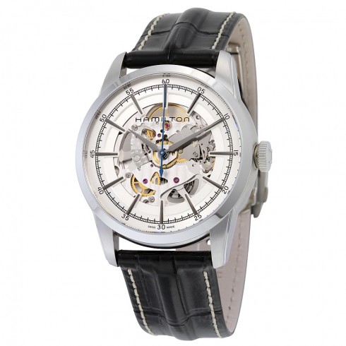 Hamilton Railroad Silver Skeleton Dial Black Leather Men's Watch H40655751 watches