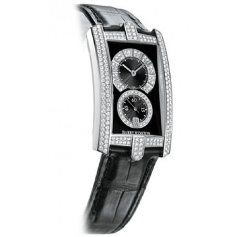 Harry Winston Avenue C Black Dial with Diamonds 18kt White Gold Black Leather Unisex Watch 331UQWLKDD32 watches