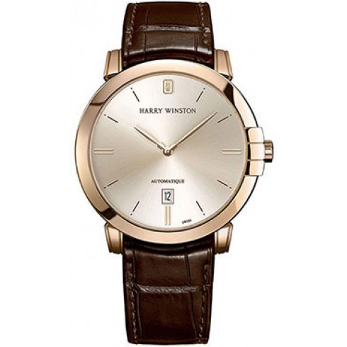 Harry Winston Midnight Champagne Dial 18kt Rose Gold Brown Leather Automatic Men's Watch MIDAHD42RR001 watches