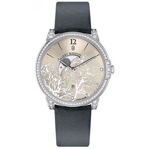 Harry Winston Midnight Silver Sunray Dial 18kt White Gold Diamond Satin Strap Men's Watch MIDQMP39WW001 watches