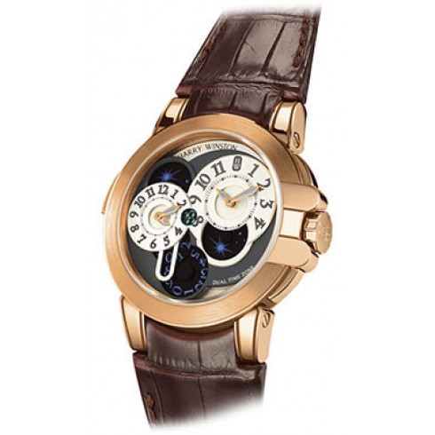 Harry Winston Ocean Dual Time Grey and White Dial 18 kt Rose Gold Brown Alligator Men's Watch OCEATZ44RR001 watches