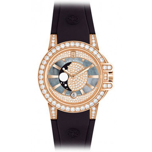 Harry Winston Ocean Moonphase Mother of Pearl Dial 18kt Rose Gold Diamond Black Rubber Ladies Watch OCEQMP36RR001 watches