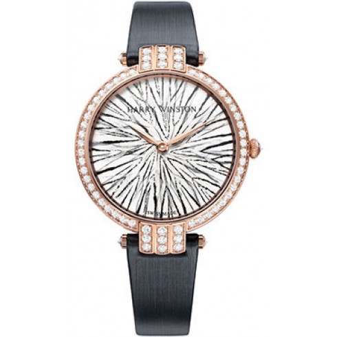 Harry Winston Premiere Silver Pheasant Feathers Dial 18kt Rose Gold Diamond Ladies Watch PRNQHM36RR004 watches
