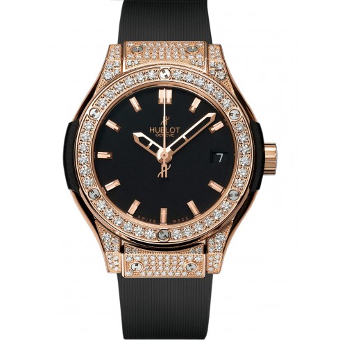 Hublot Classic Fusion Black Dial 18 Carat Rose Gold and Diamonds CaseBlack Rubber Strap Ladies Quartz Watch 581.OX.1180.RX.1704 watches