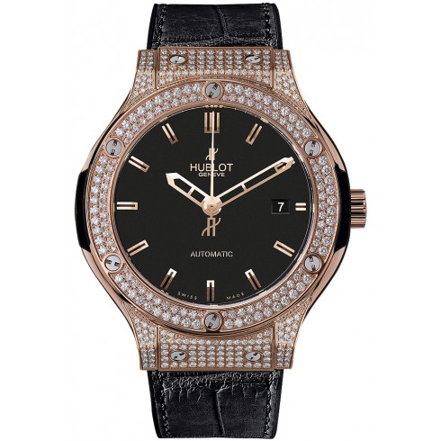 Hublot Classic Fusion Black Dial 18 Carat Rose Gold with Diamonds Case Black Leather Band Automatic Men's Watch 565.OX.1180.LR.1704 watches