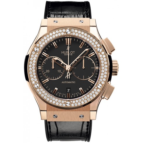 Hublot Classic Fusion Black Dial Black Leather 18 Carat Rose Gold with Diamonds Case Automatic Men's Watch 521.OX.1180.LR.1104 watches