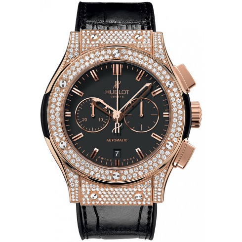Hublot Classic Fusion Black Dial Black Leather Band 18 Carat Rose Gold with Diamonds Case Automatic Men's Watch 541.OX.1180.LR.1704 watches