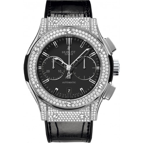 Hublot Classic Fusion Black Dial Titanium with Diamond Pave Case Black Leather Band Autmatic Men's Watch 521.NX.1170.LR.1704 watches