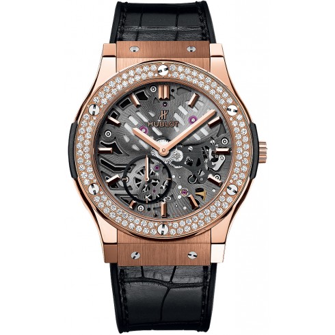 Hublot Classic Fusion Classico Ultra Thin Skeleton Grey Skeleton Dial Black Leather Band 18 Carat Rose Gold with Diamonds Case Automatic Men's Watch 54 watches