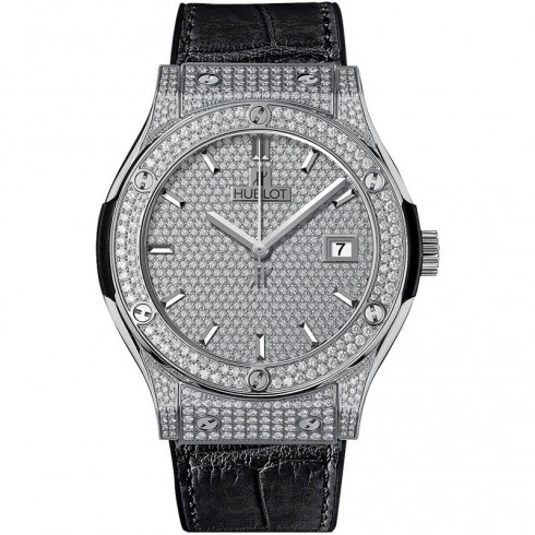 Hublot Classic Fusion Diamond Pave Dial Black Leather Band Titanium Case Automatic Men's Watch 581.NX.9010.LR.1704 watches
