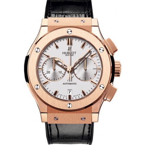 Hublot Classic Fusion Silver Dial Chronograph 18kt Rose Gold Black Leather Men's Watch 521.OX.2610.LR watches