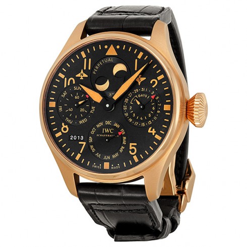IWC Big Pilot Perpetual Bucherer Black Dial 18kt Rose Gold Black Leather Men's Watch IW502635 watches