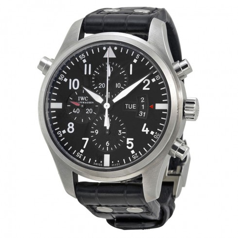 IWC Double Chronograph Pilot Black Dial Black Leather Mens Watch IW377801 watches