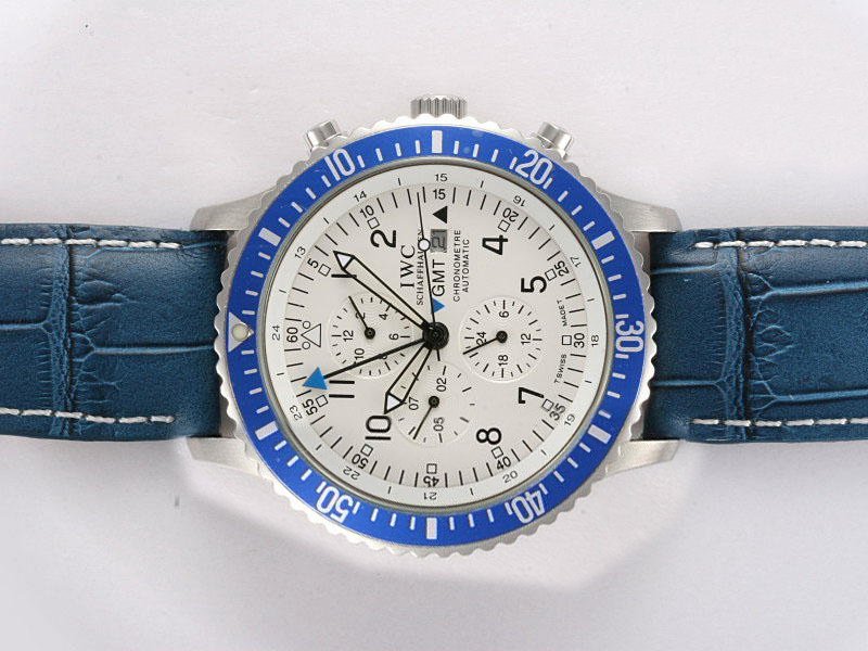 IWC Pilots Spitfire Double Chronograph IW371802 Round Blue Cow Leather Strap White Dial Watch watches