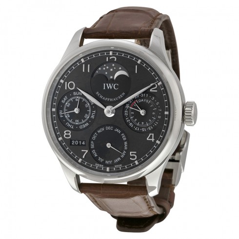 IWC Portuguese Automatic Grey Dial 18kt White Gold Brown Leather Men's Watch IW502307 watches