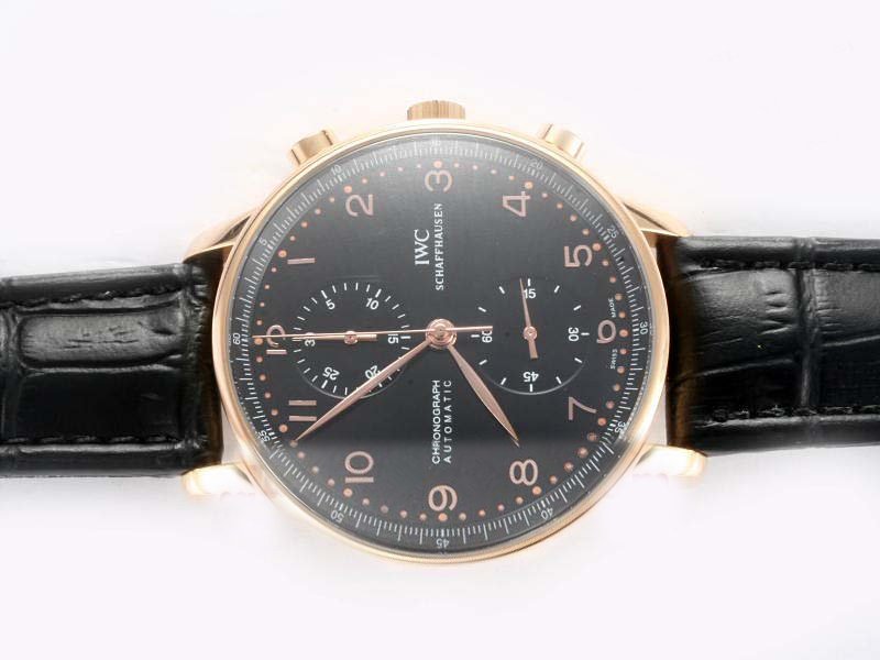 IWC Portuguese Chrono-Automatic W371415 Round 18K Gold Case Black Dial Watch watches
