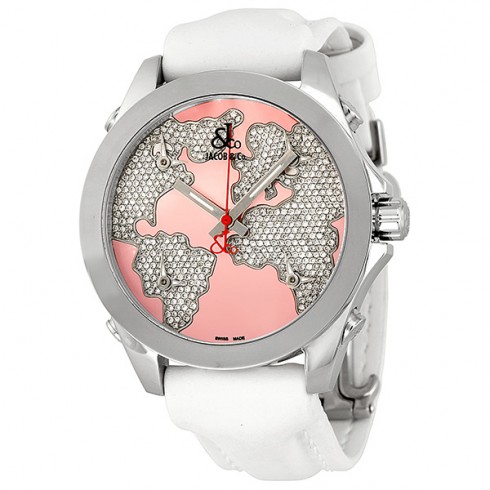 Jacob and Company Five Time Zone Diamond Pave Pink Enamel Dial Unisex Watch JCM47WP watches