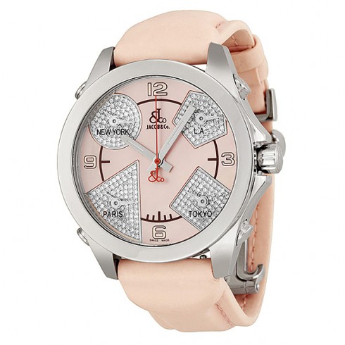 Replica Jacob and Company Five Time Zone Diamond Pink Mother of Pearl Dial Unisex Watch JCM79P Watch