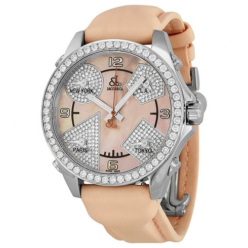 Replica Jacob and Company Five Time Zones Diamond Pink Mother of Pearl Dial Unisex Watch JCM79P Watch