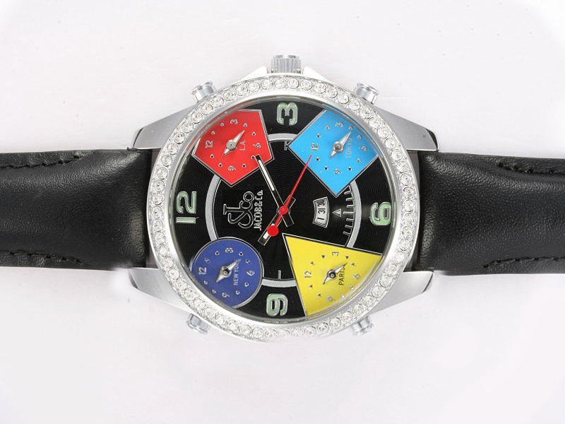 Jacob Co Five Time Zone JC - 11 Black Ostrich Leather Strap Black Dial Watch watches