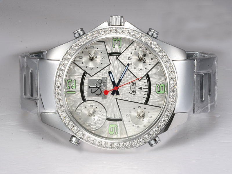 Jacob Co Five Time Zone JC - 12C Stainless Steel Bezel White Dial Quartz Watch watches