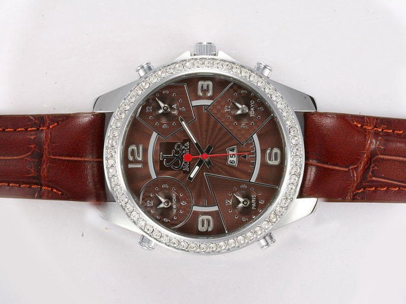 Jacob Co Five Time Zone JC-M10 Round Stainless Steel Case Brown Dial Watch watches