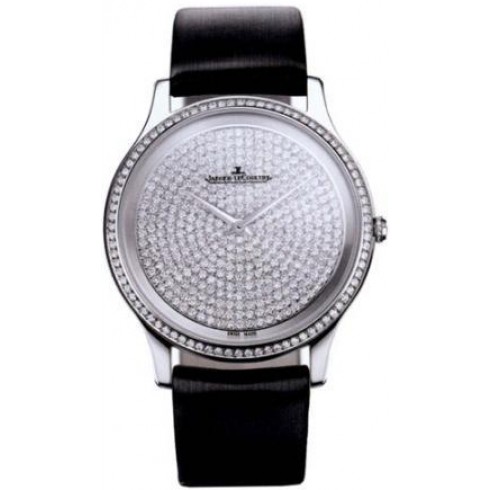 Jaeger LeCoulte Master Ultra Thin Diamond Pave Dial 18kt White Gold Black Satin Men's Watch Q1453406 watches