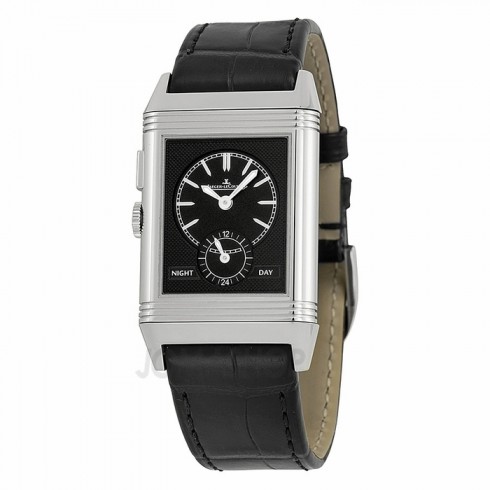 Jaeger LeCoultre Grande Reverso Silver Dial Stainless Steel Black Leather Men's watches