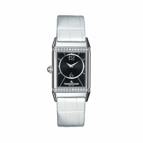 Jaeger LeCoultre Reverso Duetto Black Dial White Leather Ladies Watch Q2568402 watches