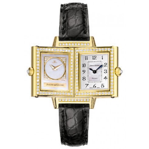 Jaeger LeCoultre Reverso Duetto Mother of Pearl Dial 18kt Yellow Gold Diamond Black Leather Ladies Watch Q2661401 watches
