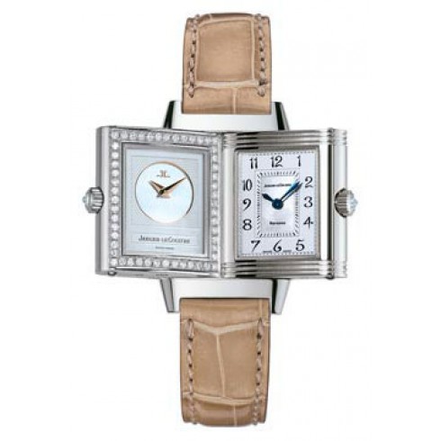 Jaeger LeCoultre Reverso Duetto Silver Dial 18kt White Gold Beige Alligator Ladies Watch Q2663403 watches