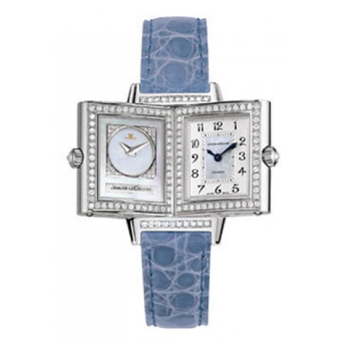 Jaeger LeCoultre Reverso Duetto Silver Dial 18kt White Gold Diamond Blue Crocodile Ladies Watch Q2663401 watches
