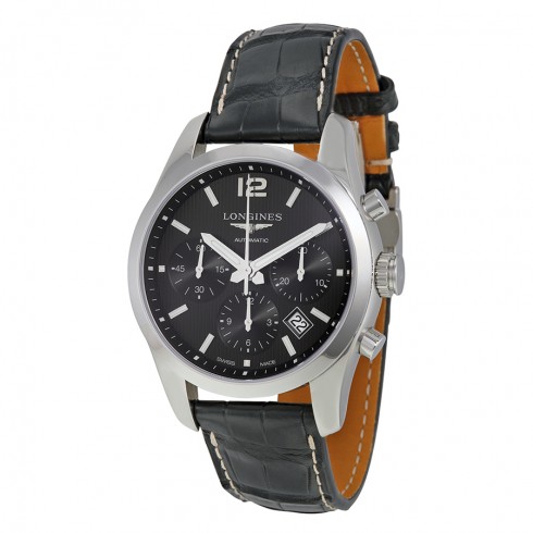 Longines Conquest Automatic Chronograph Black Dial Black Leather Watch L27864563 watches