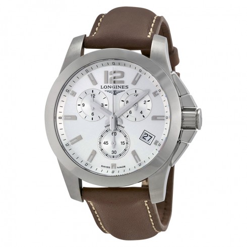 Replica Longines Conquest Chronograph Silver Dial Brown Leather Men's Watch L36604765 Watch