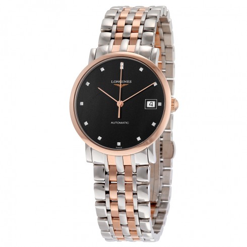 Longines Elegant Automatic Black Diamond Dial Steel and 18kt Rose Gold Ladies Watch L48095577 watches