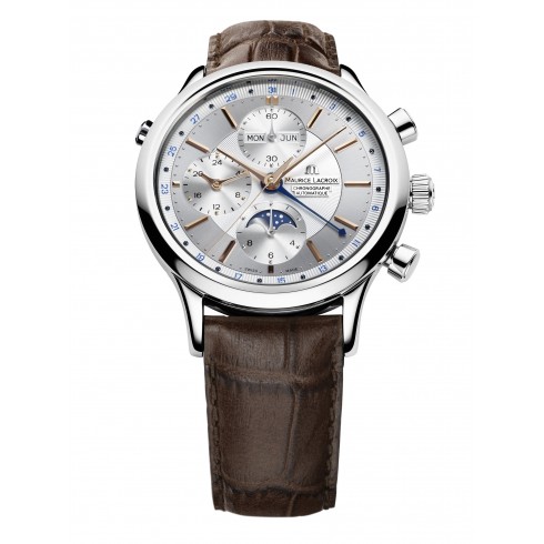 Maurice Lacroix Les Classiques Phase de Lune Chronograph Silver Dial Brown Crocodile Leather Men's Automatic Watch LC6078-SS001-131 watches