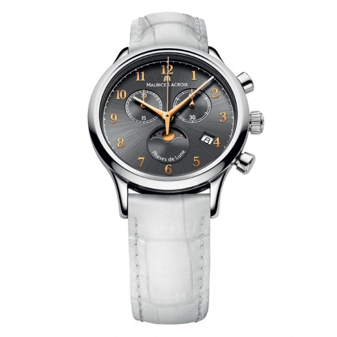 Maurice Lacroix Les Classiques Phases De Lune Chronographe Grey Dial White Leather Strap Stainless Steel Case Ladies Quartz Watch LC1087-SS001-821 watches