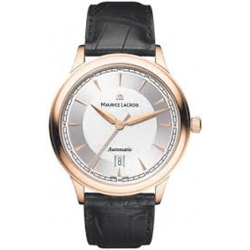 Maurice Lacroix Les Classiques Silver Dial Balck Leather 18kt Rose Gold Case Automatic Men's Watch LC6008-PG101-130 watches