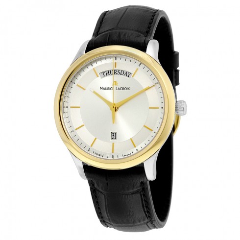 Maurice Lacroix Les Classiques Silver Dial Black Leather Strap Gold Plated Stainless Steel Men's Quartz Watch LC1227-PVY11-130 watches