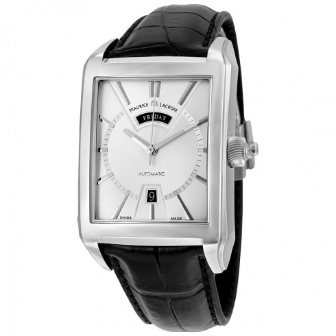 Maurice Lacroix Pontos Rectangulaire Day Date Automatic Silver Dial Black Leather Men's Watch PT6237-SS001-13E watches