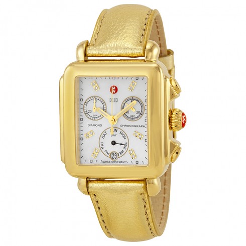 Michele Deco Gold Chronograph Mother of Pearl Dial Champagne Leather Ladies Watch MWW06P000176 watches