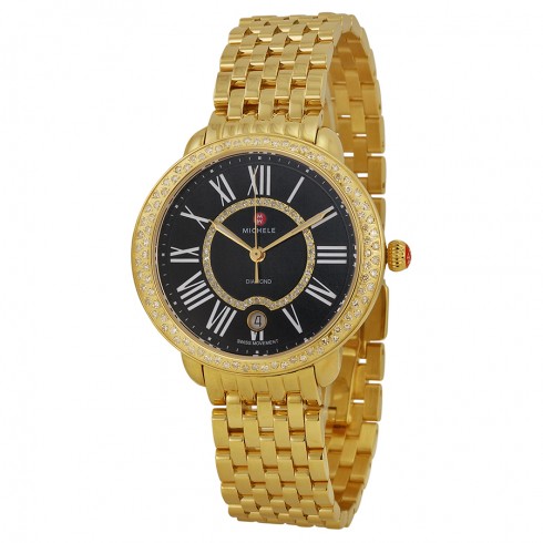 Michele Serein Black Pearl Dial Gold-plated Diamond Ladies Watch MWW21B000051 watches