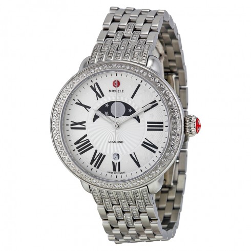 Michele Serein Matte Silver White Moon and Star Dial Diamond Stainless Steel Bracelet Ladies Watch MWW21D000001 watches