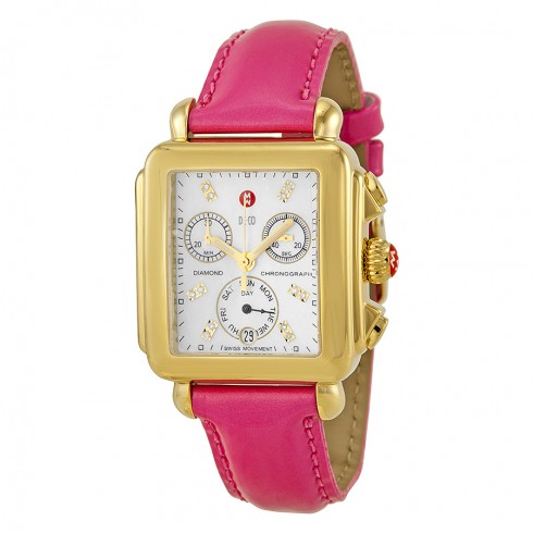 Michele Signature Deco Mother of Pearl Dial Gold-tone Pink Leather Ladies Watch MWW06P000133 watches