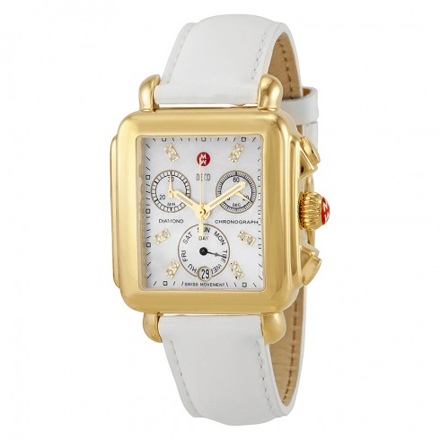 Michele Signature Deco White Mother of Pearl Dial Gold-tone White Leather Ladies Watch MWW06P000032 watches