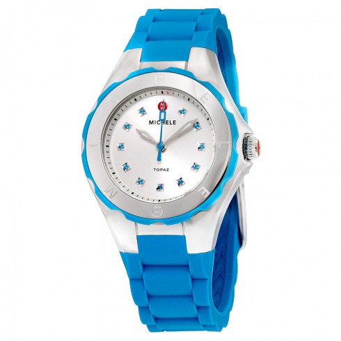 Michele Tahitian Jelly Bean Silver Dial Turquoise Silicone Ladies Watch MWW12P000005 watches