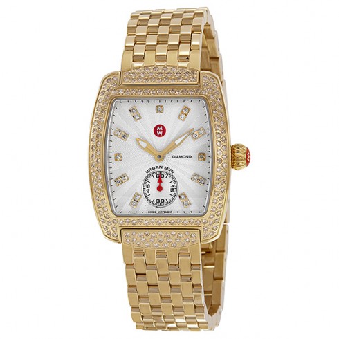 Michele Urban Mini Silver and White Diamond Dial Gold-Plated Stainless Steel Bracelet Ladies Watch MWW02A000565 watches