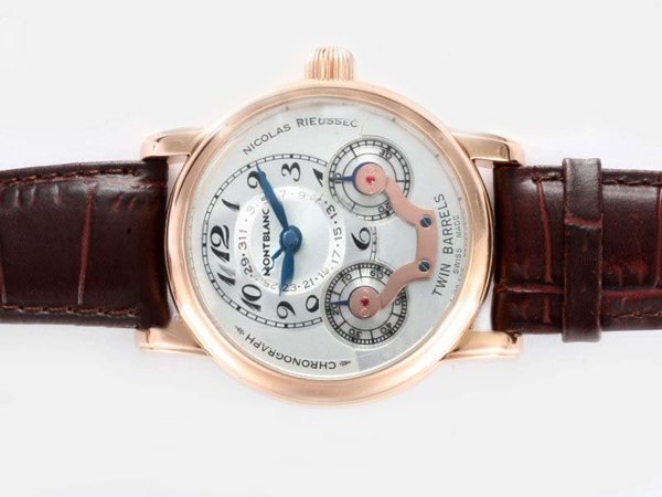 Montblanc Nicolas Rieussec Chronograph 102337 White Dial Round Coffee Crocodile Leather Strap Watch watches
